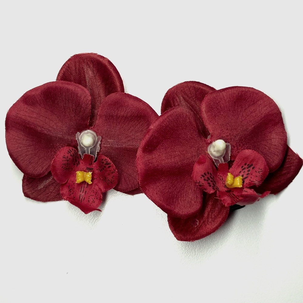 Set of 2 Elegant Red Orchid Hair Clips with Delicate Pearls, Stylish Accessories